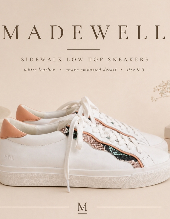 Madewell Shoes - Madewell Sidewalk Low Top Sneakers 9.5 White Leather Snake Embossed Stripe Chic